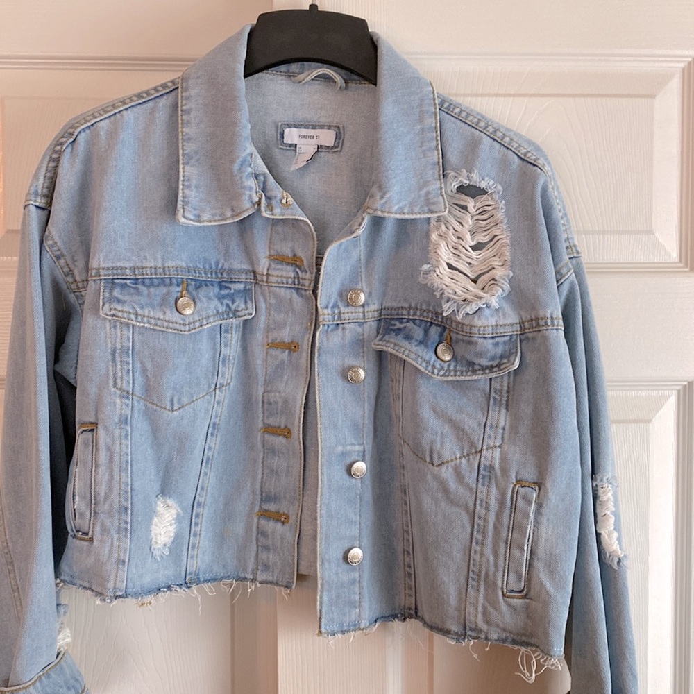 Edgy Forever 21 Ripped Denim Jean Jacket